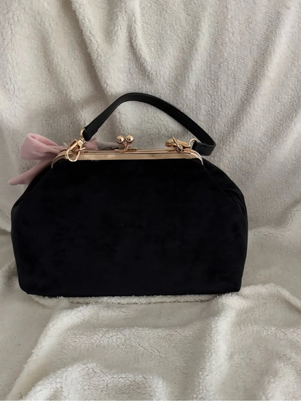Juicy Couture Black Velvet Clutch with Pink Bow & Pearl Chain